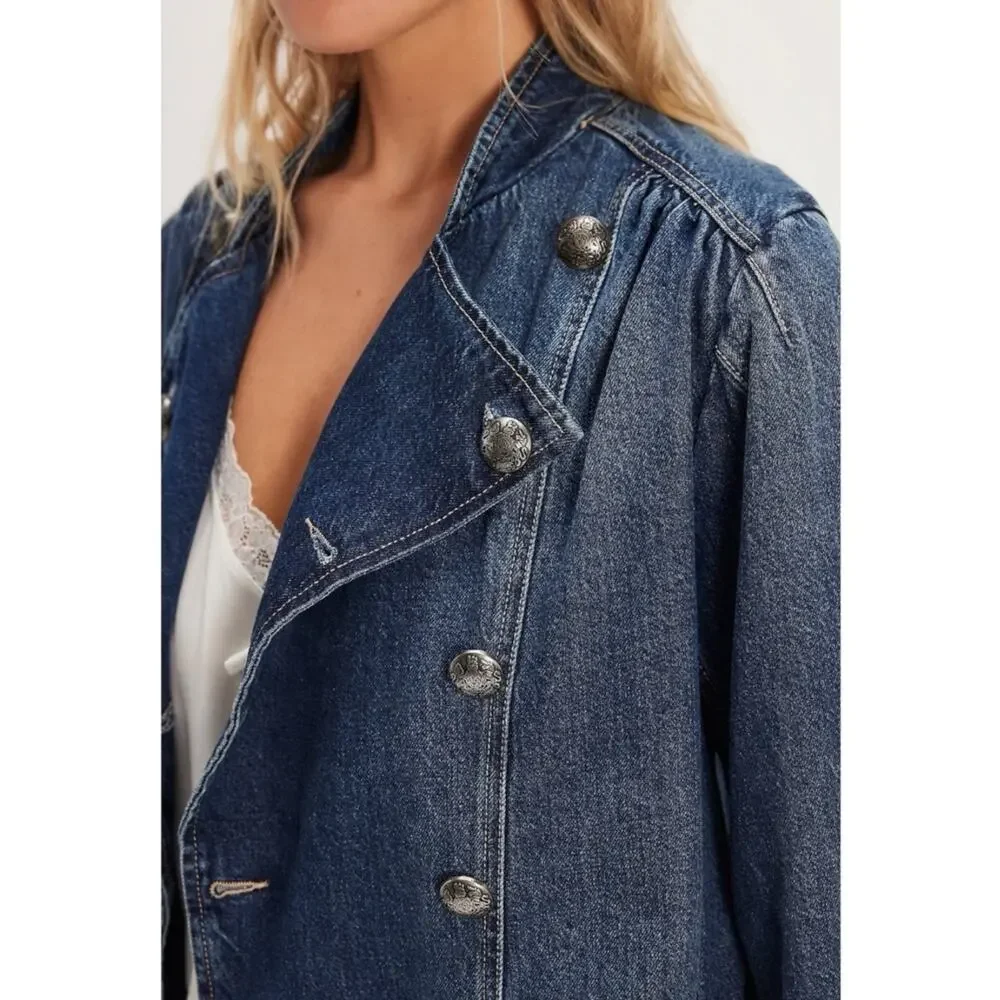 Free People Imogene Denim Officer Jacket in Ensign Wash Small Military Denim - Picture 9 of 16